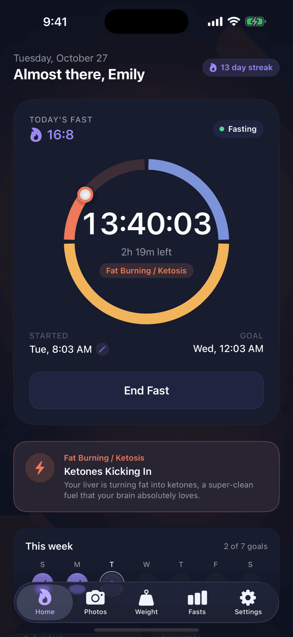 Meridian home screen showing a 16:8 fast at 13 and a half hours, in the Fat Burning phase, with a 13 day streak