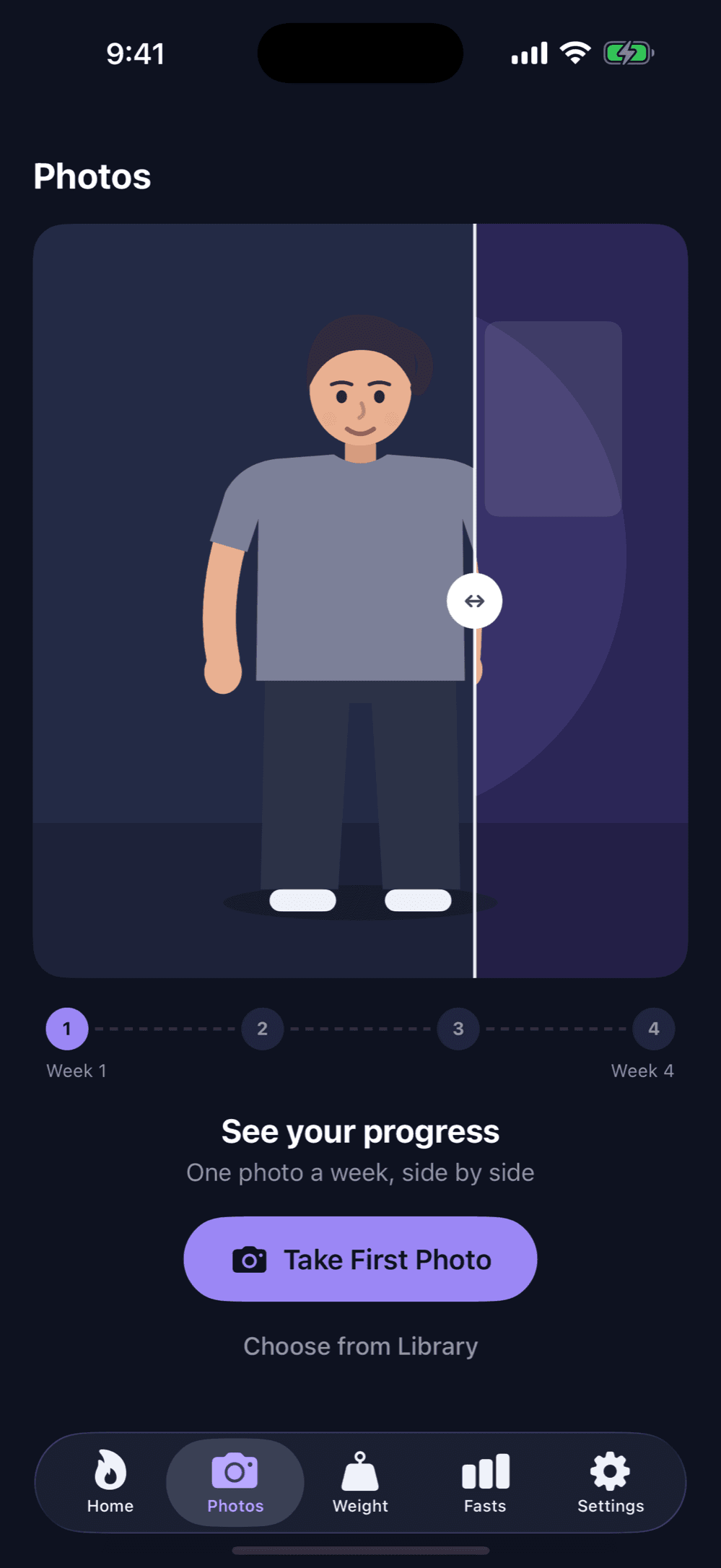 Meridian Photos tab with a before and after comparison slider and a weekly photo timeline